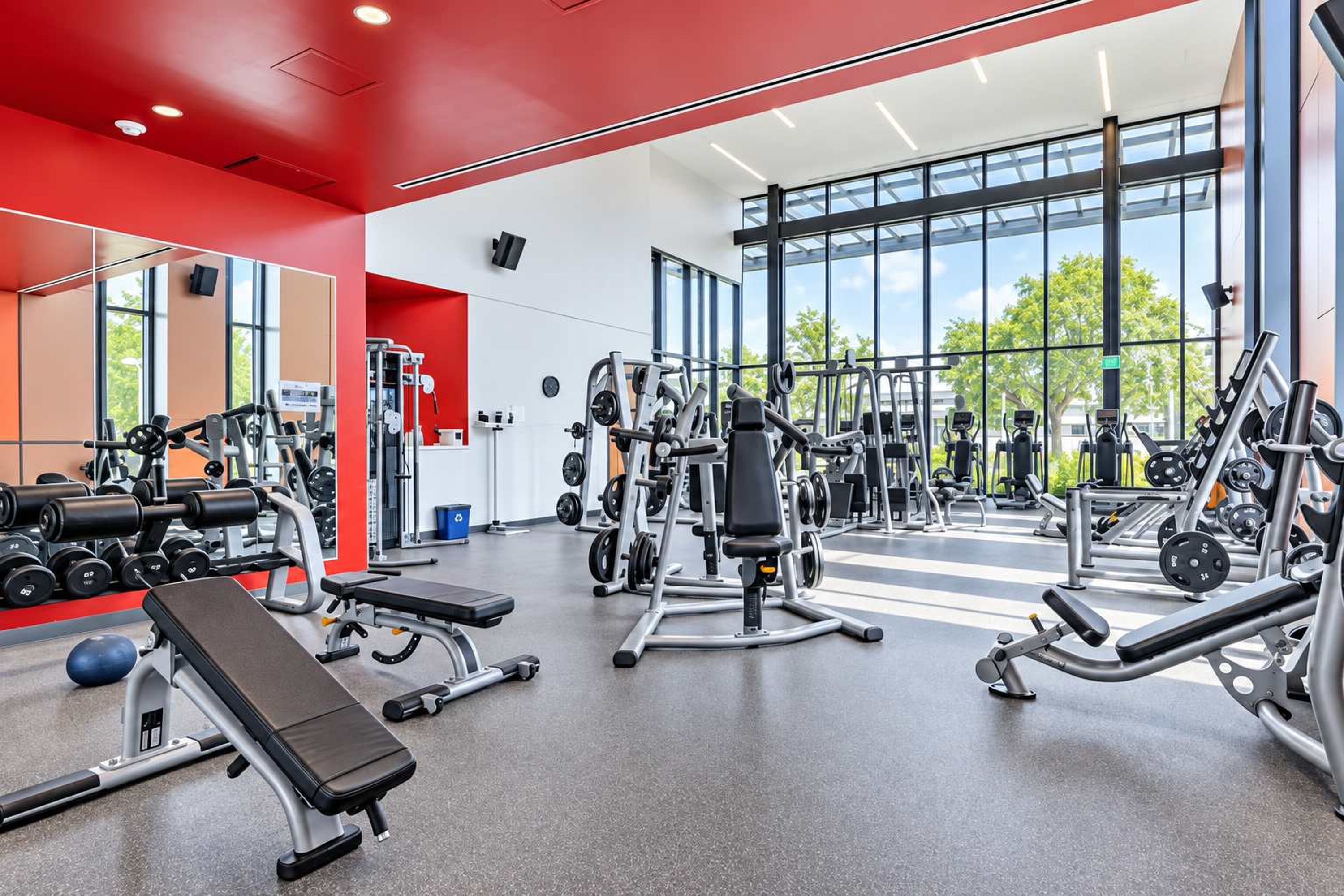 A modern gym with various exercise equipment, large windows, and a red accent wall.