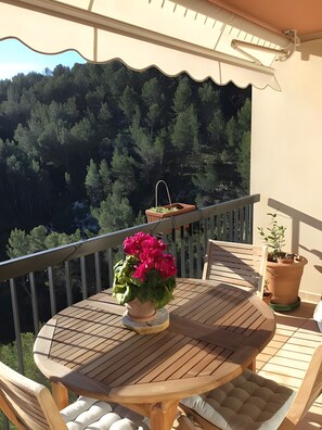 Taula i caires de fusta a un balcó amb vista a un turó boscós.