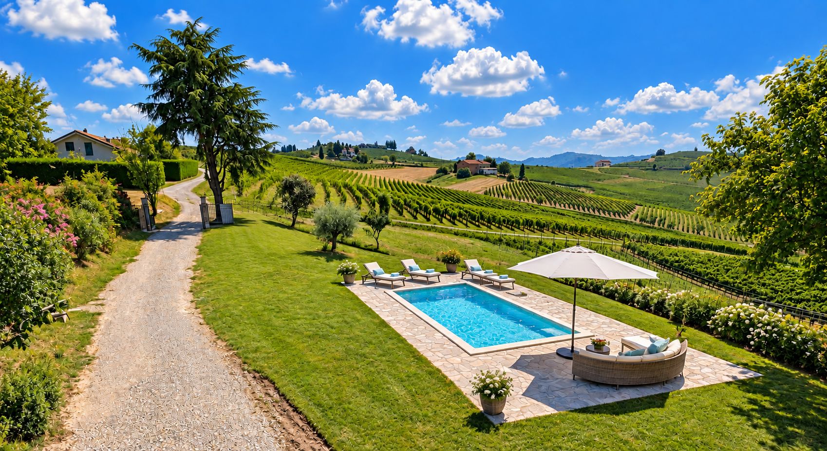 Area piscina con vista aperta sul paesaggio circostante della vigna.