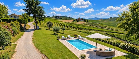 A pool area with a clear view of the surrounding vineyard landscape.