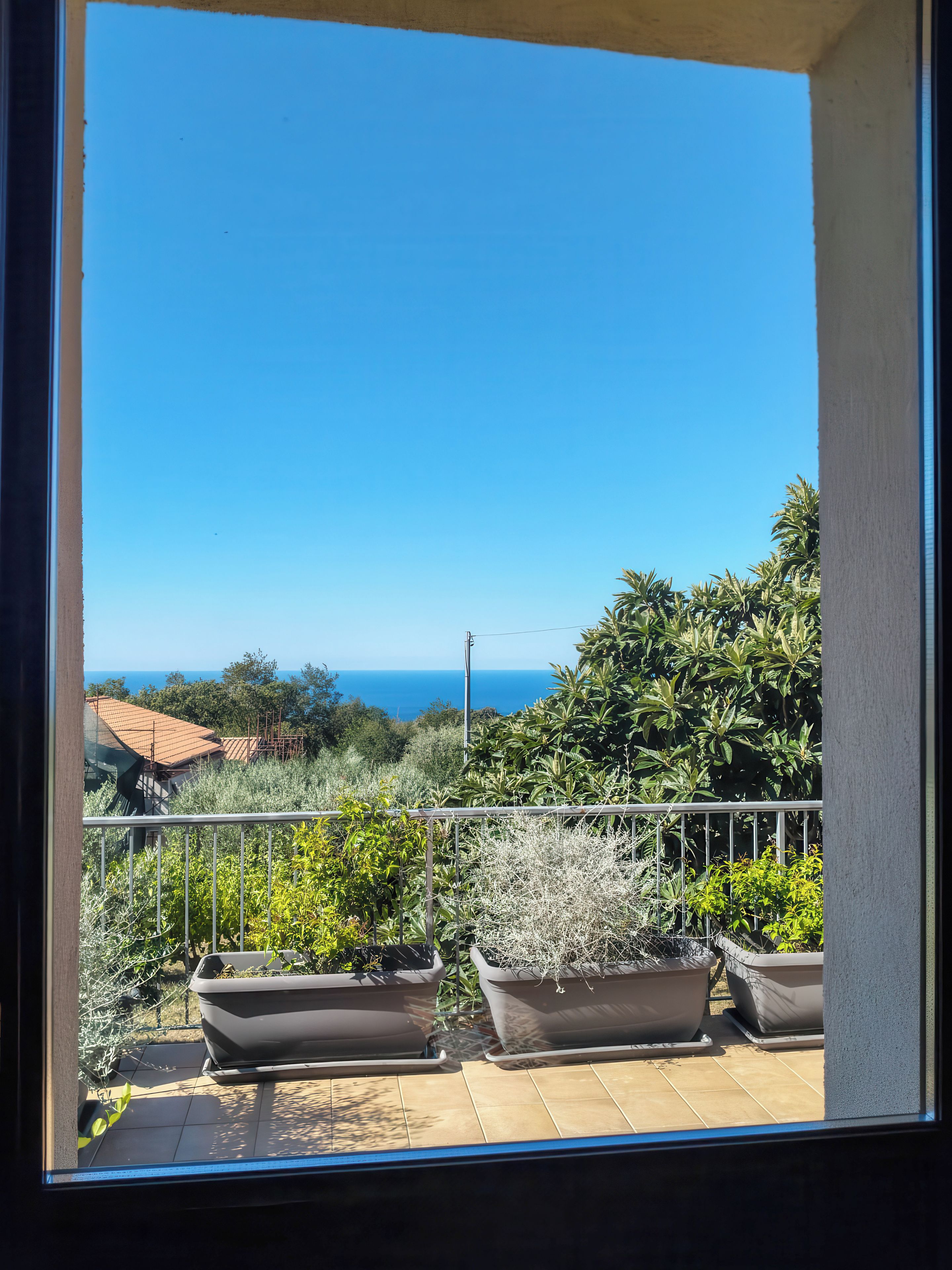 A balcony with potted plants, a view of the sea, and a clear sky.