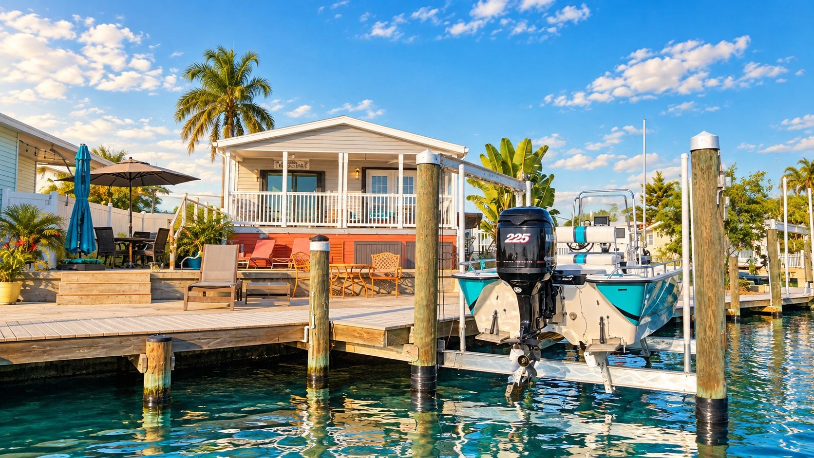 A waterfront property with a dock, a boat, and a house with a balcony.