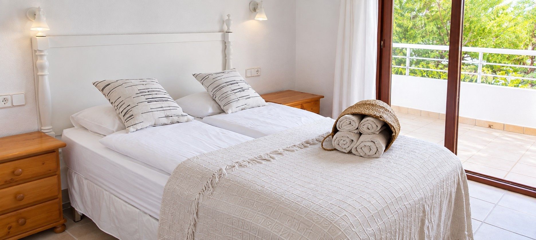 A bedroom with a bed, two bedside tables, a nightstand, a woven basket with towels, and a view of greenery through a glass door.