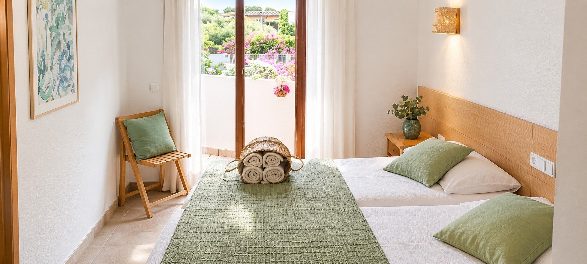 A hotel room with a bed, a chair, a green rug, and a view of a garden through the window.