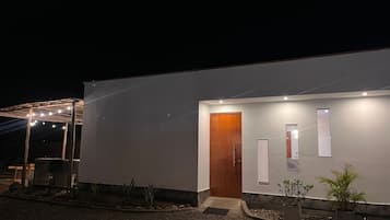 Un edificio moderno con puerta de madera, un pequeño porche con luces colgantes y plantas en macetas.