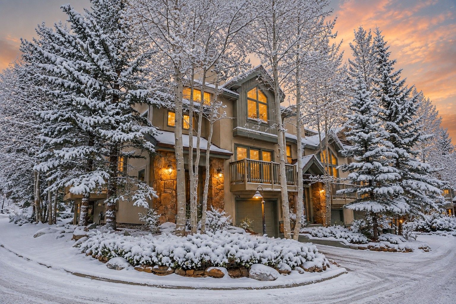 Un grand immeuble à étages, doté d’une façade en pierre, de nombreux balcons et d’arbres couverts de neige.