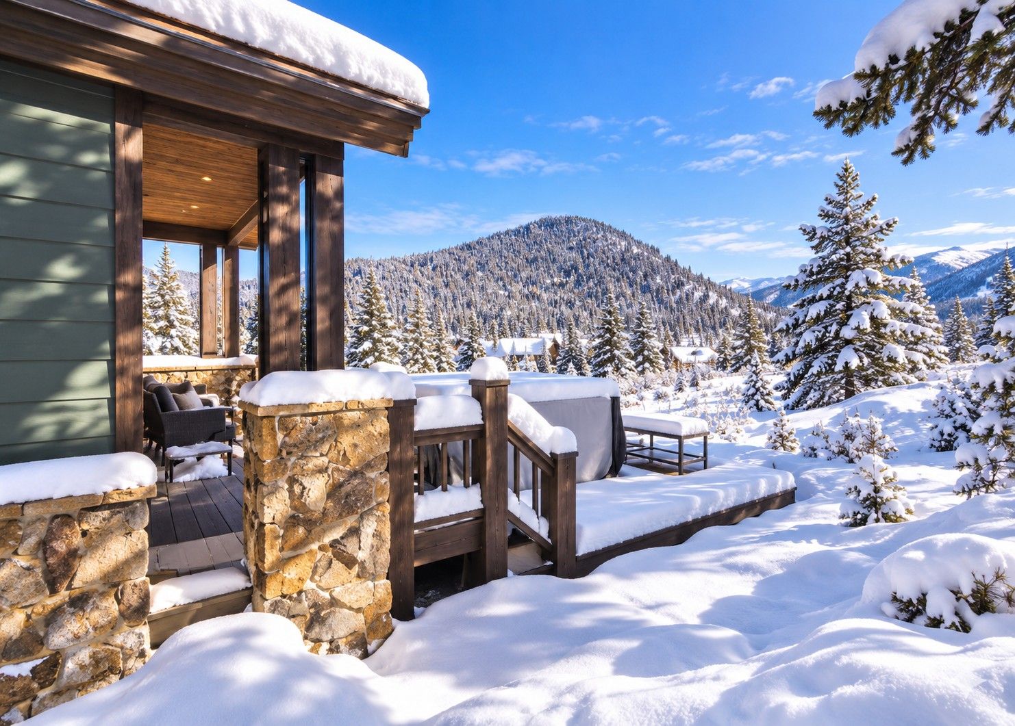 A wooden cabin with stone walls, a porch, and a view of snow-covered mountains.
