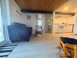 Ein Wohnzimmer mit einer Couch, einem Esstisch und einer Küchenzeile mit Schränken und Geräten.