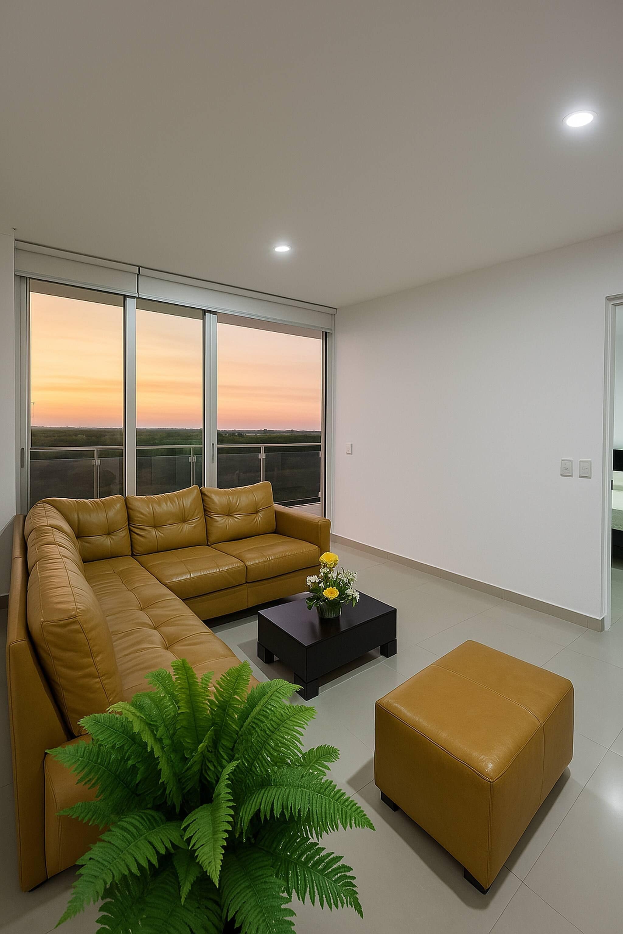 Una sala moderna con un sofá modular, una mesa de centro y una planta en maceta.