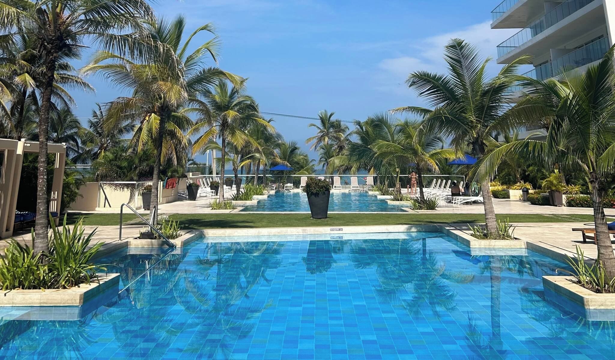 A swimming pool with palm trees and lounge chairs, surrounded by a building.