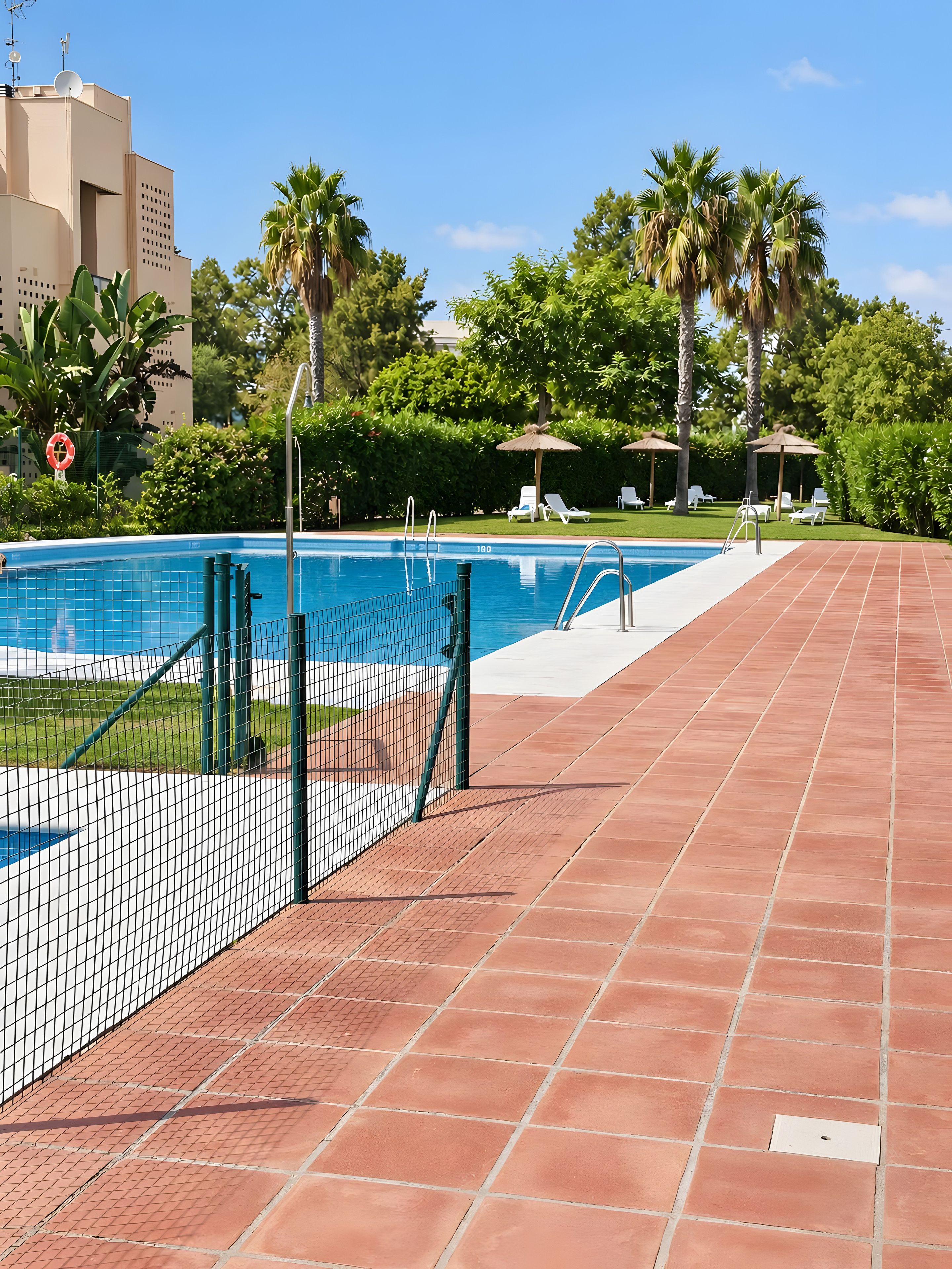 Una piscina con borde de baldosas, rodeada de palmeras y sillas de descanso.