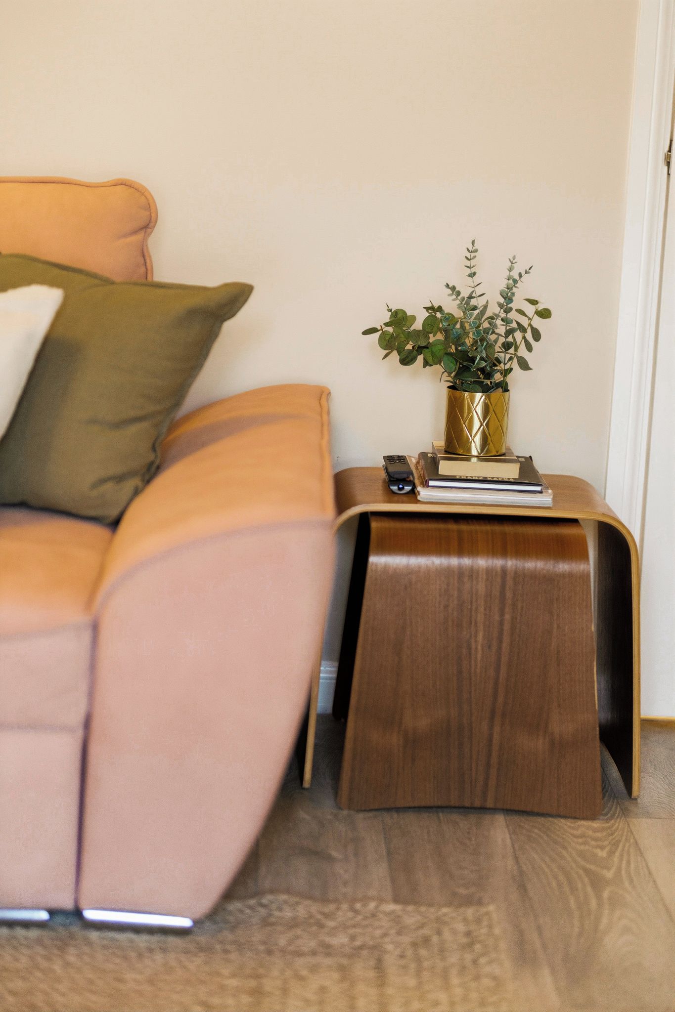 A modern living room with a sofa, a small wooden side table, and a potted plant.