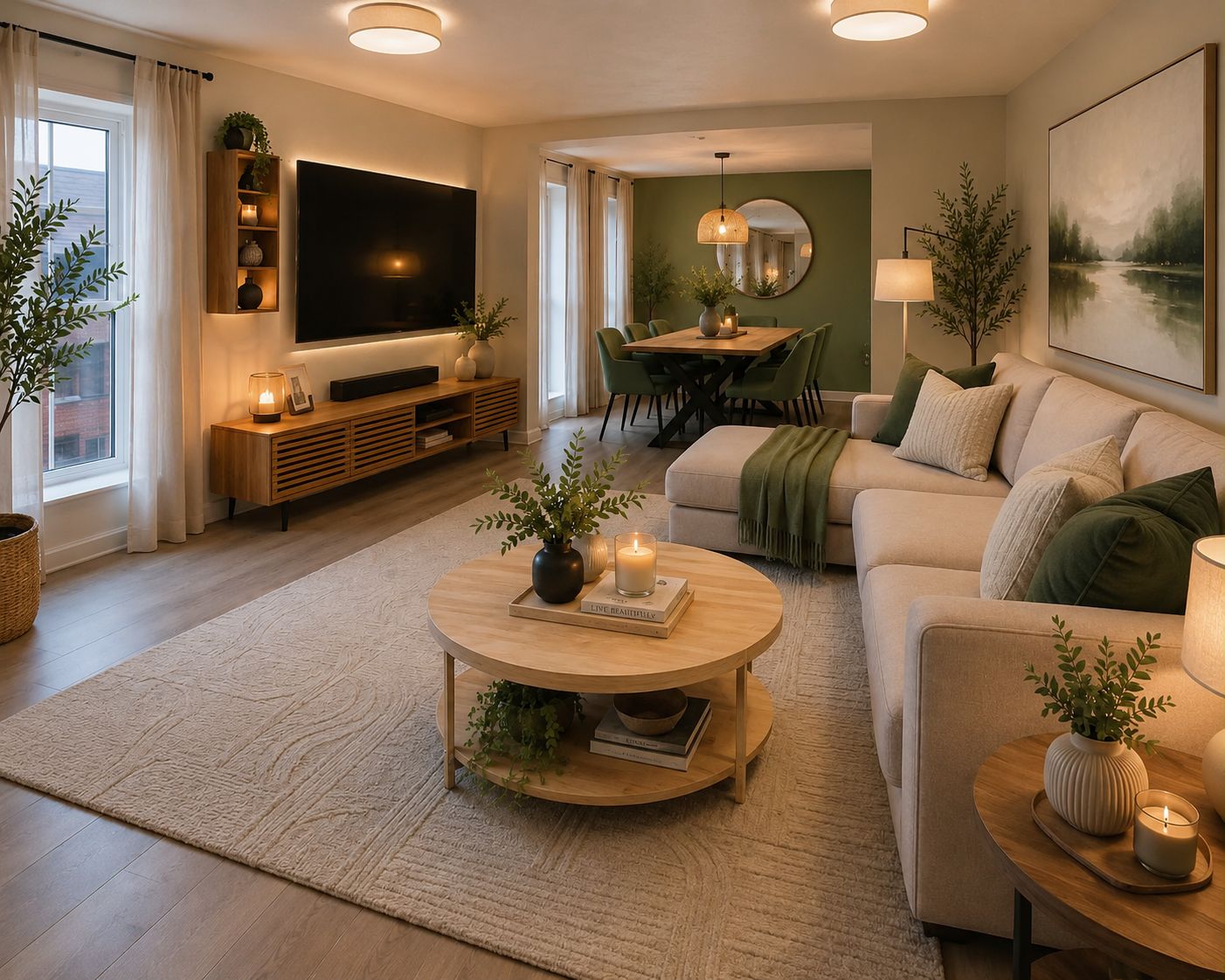 A modern living room with a flat-screen TV, a round coffee table with books and candles, a sofa with cushions, a dining area with a table and chairs, and a large painting on the wall.
