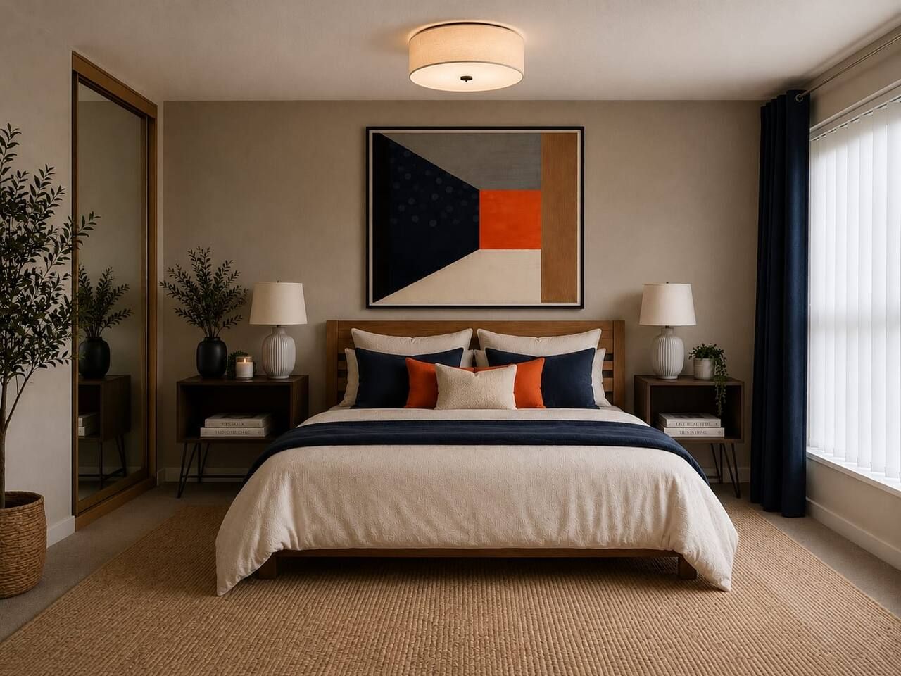 A bedroom with a large bed, two bedside tables, a floor lamp, a potted plant, and a painting on the wall.