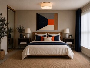 A bedroom with a large bed, two bedside tables, a floor lamp, a potted plant, and a painting on the wall. - Premium 2 Bedroom Flat • ExCeL • Free Parking (Greater London)