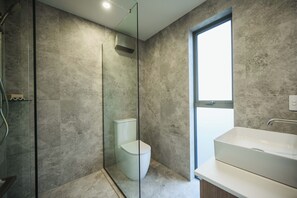 Une salle de bain moderne avec une douche à parois de verre, des toilettes et un grand lavabo.