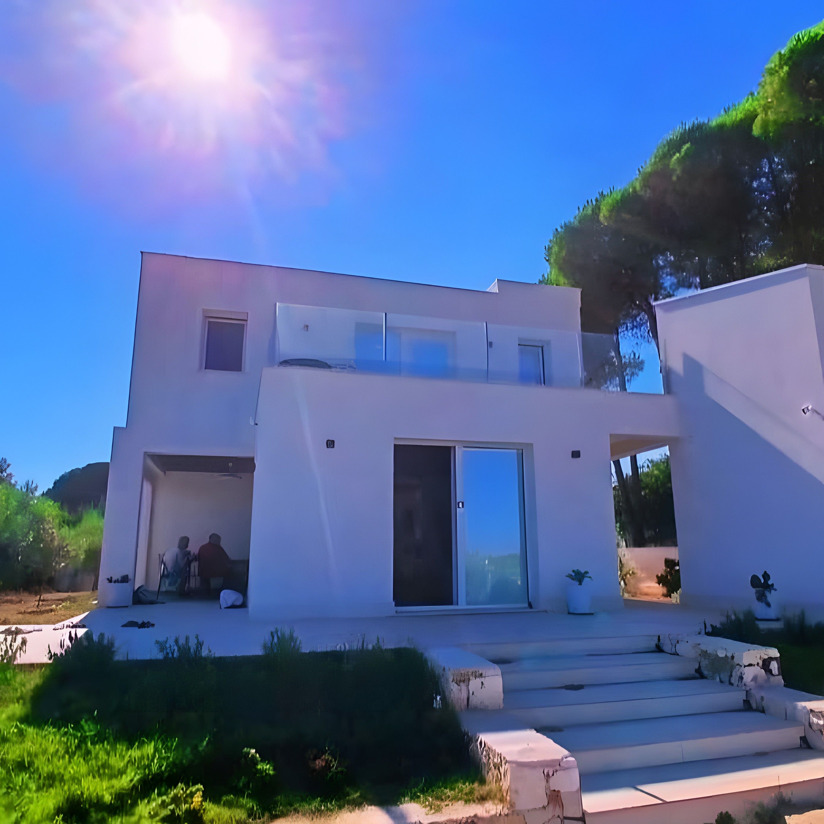 Une maison moderne à deux étages, dotée d’un toit plat, de grandes fenêtres et d’un vaste porche à l’avant.