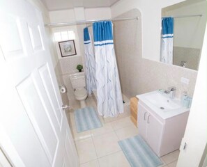 Ein Badezimmer mit Toilette, Dusche, Waschbecken und Spiegel.