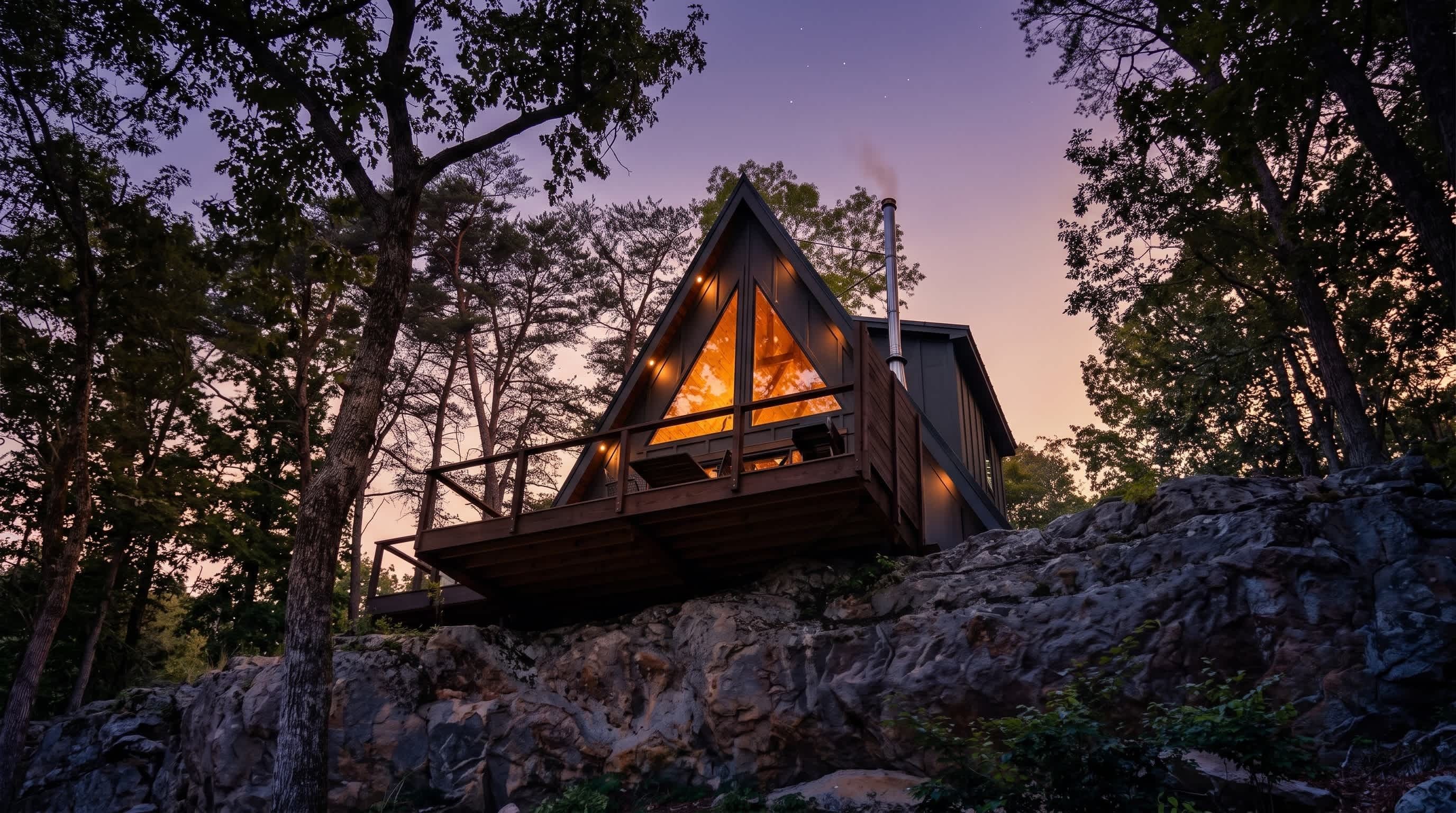 Una cabaña con techo triangular, rodeada de árboles y ubicada en terreno rocoso.