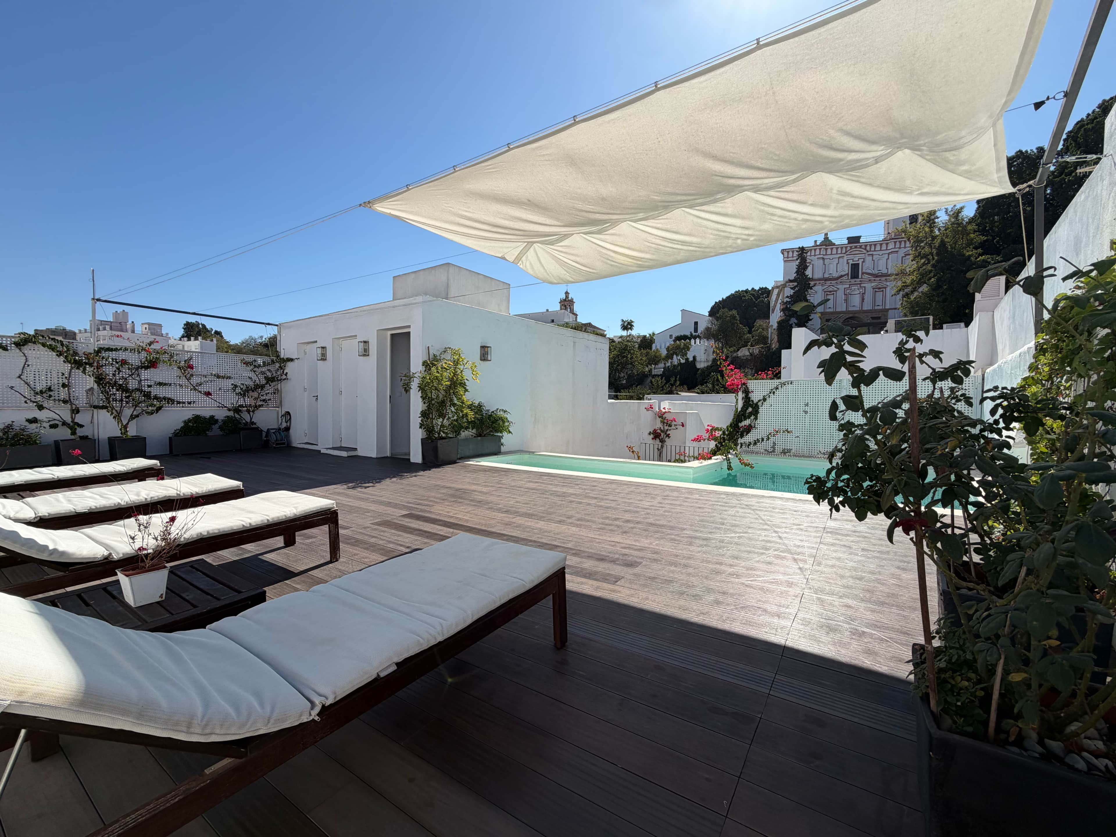 A rooftop terrace with lounge chairs, a pool, and a white building in the background.