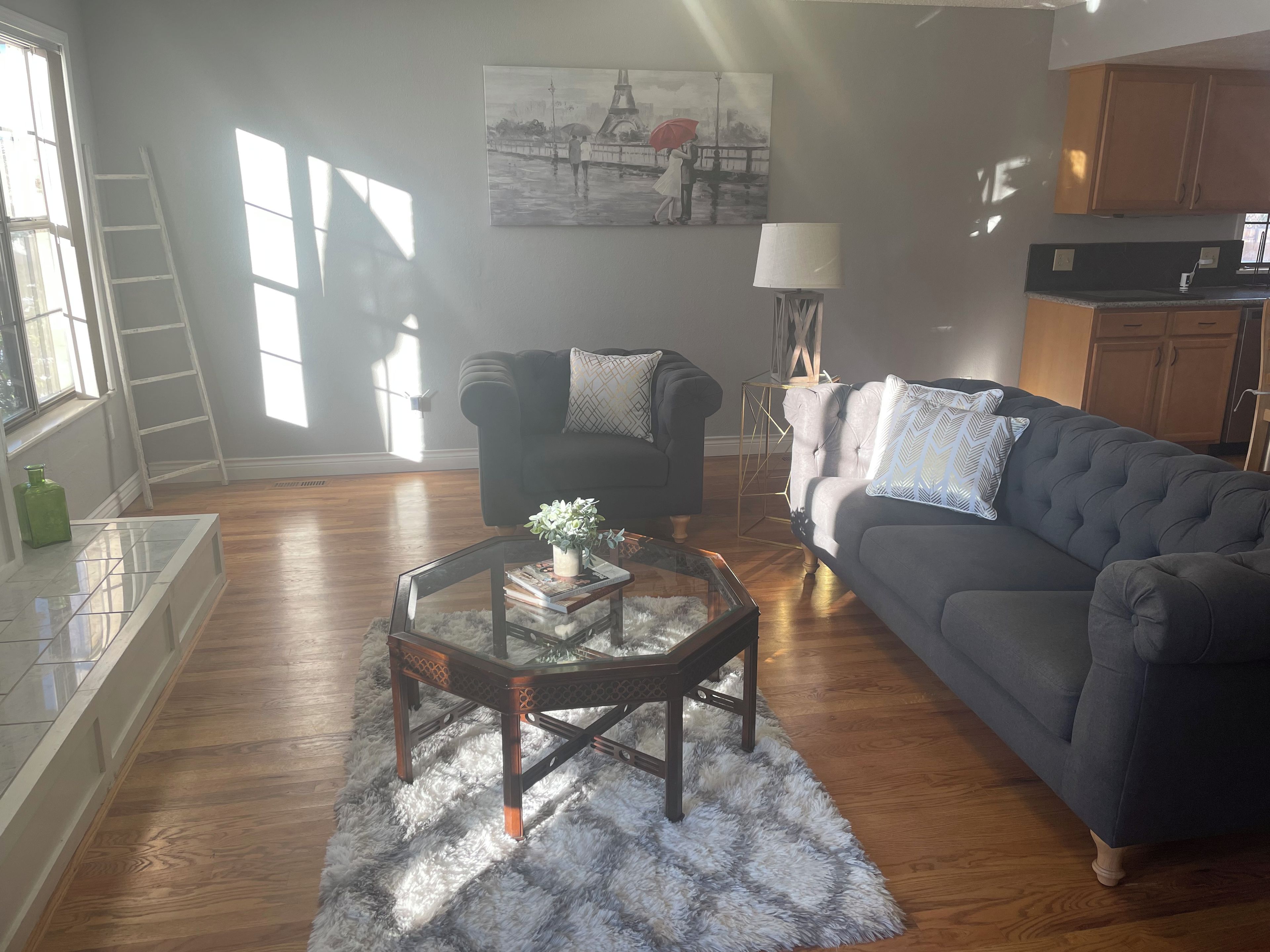 Un salon avec un canapé, une table basse et un tableau accroché au mur.