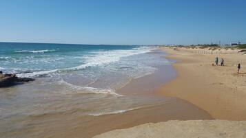 Una playa con arena dorada y olas suaves.