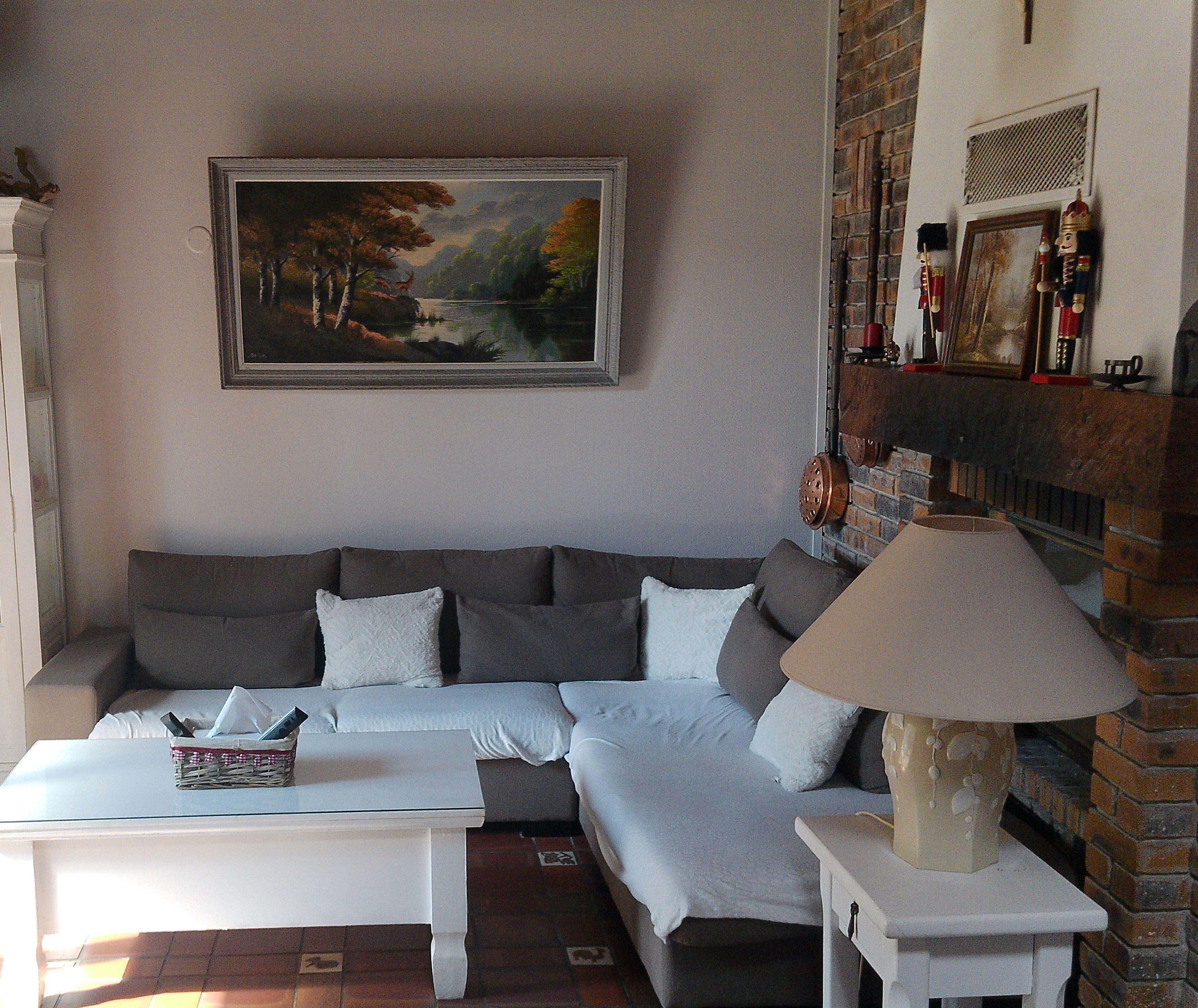 Een woonkamer met een bank, een salontafel, een lamp, een open haard en een schilderij aan de muur.