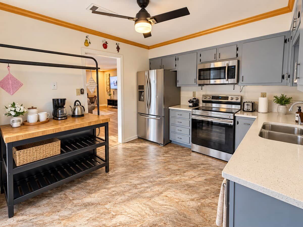 A modern kitchen with a central island, stainless steel appliances, and a wooden bench.