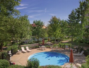 A circular pool with lounge chairs and umbrellas, surrounded by trees and a fence. - Cozy 1-bedroom condo Branson (Branson)