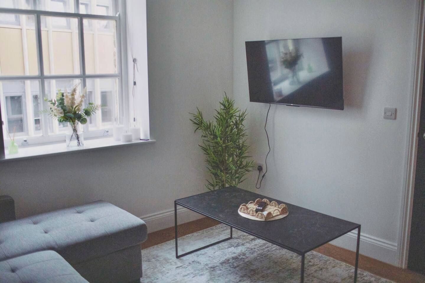 A living room with a grey sofa, a small table with a decorative item, a potted plant, and a TV mounted on the wall.