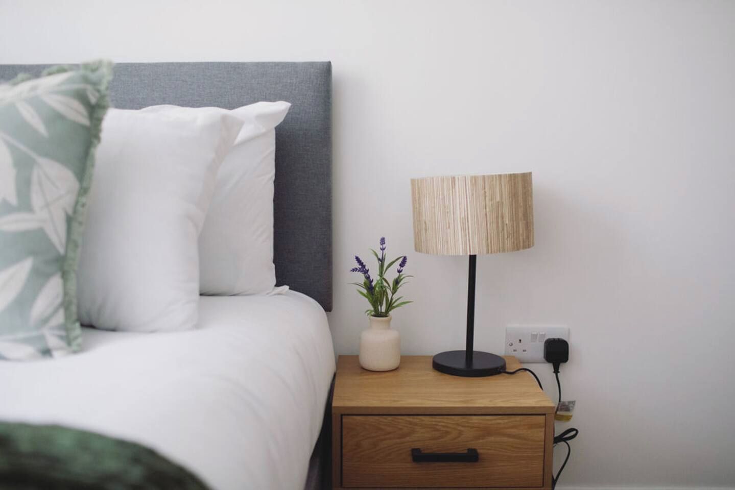 A bedroom with a bed, a bedside table with a lamp, a small plant, and a power outlet.