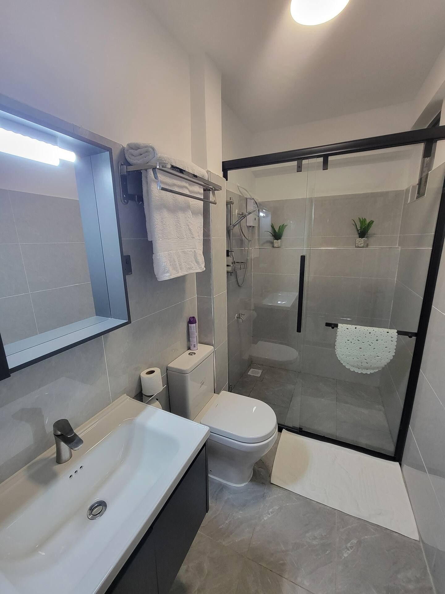 Ein modernes Badezimmer mit einer Duschkabine aus Glas, einem weißen Waschbecken und einer Toilette.