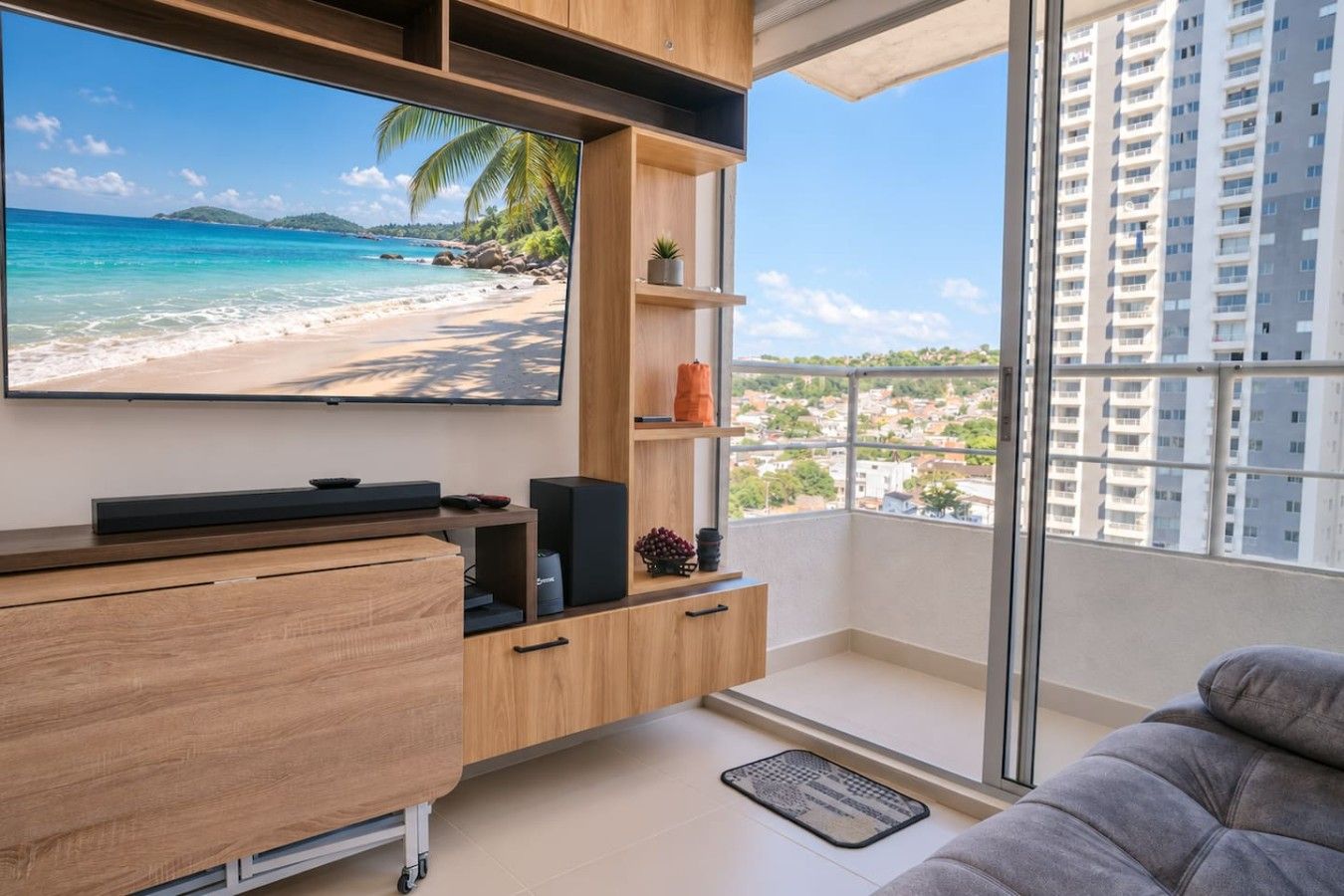 A modern living room with a large flat-screen TV, wooden furniture, and a balcony with a city view.