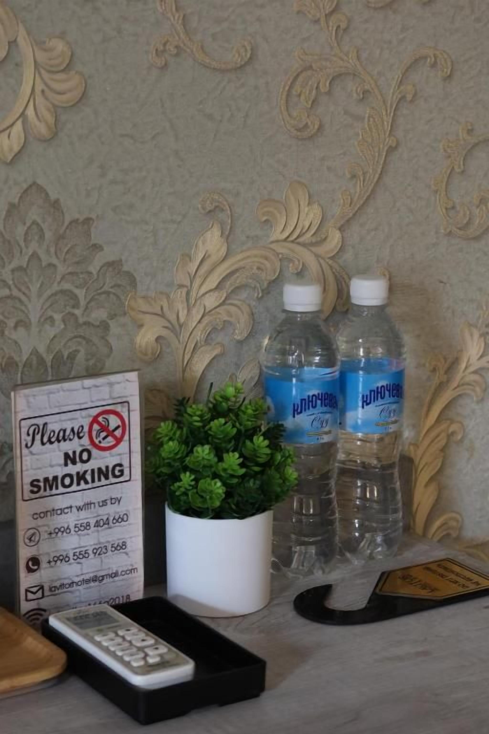 A no-smoking sign, two water bottles, a potted plant, and a remote control on a marble surface.