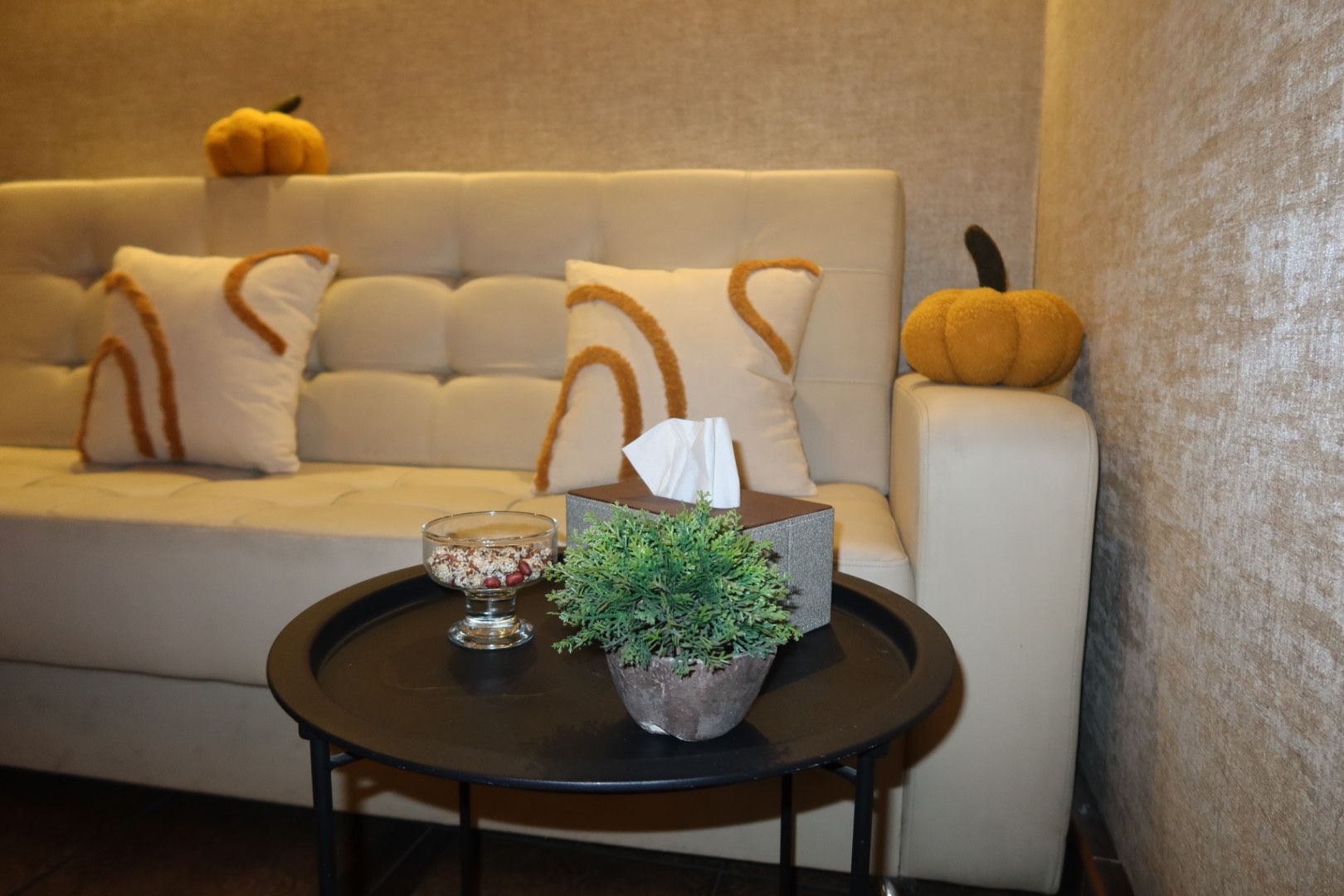 A sofa with decorative pillows, a small table with a glass bowl, a potted plant, and a pumpkin decoration.