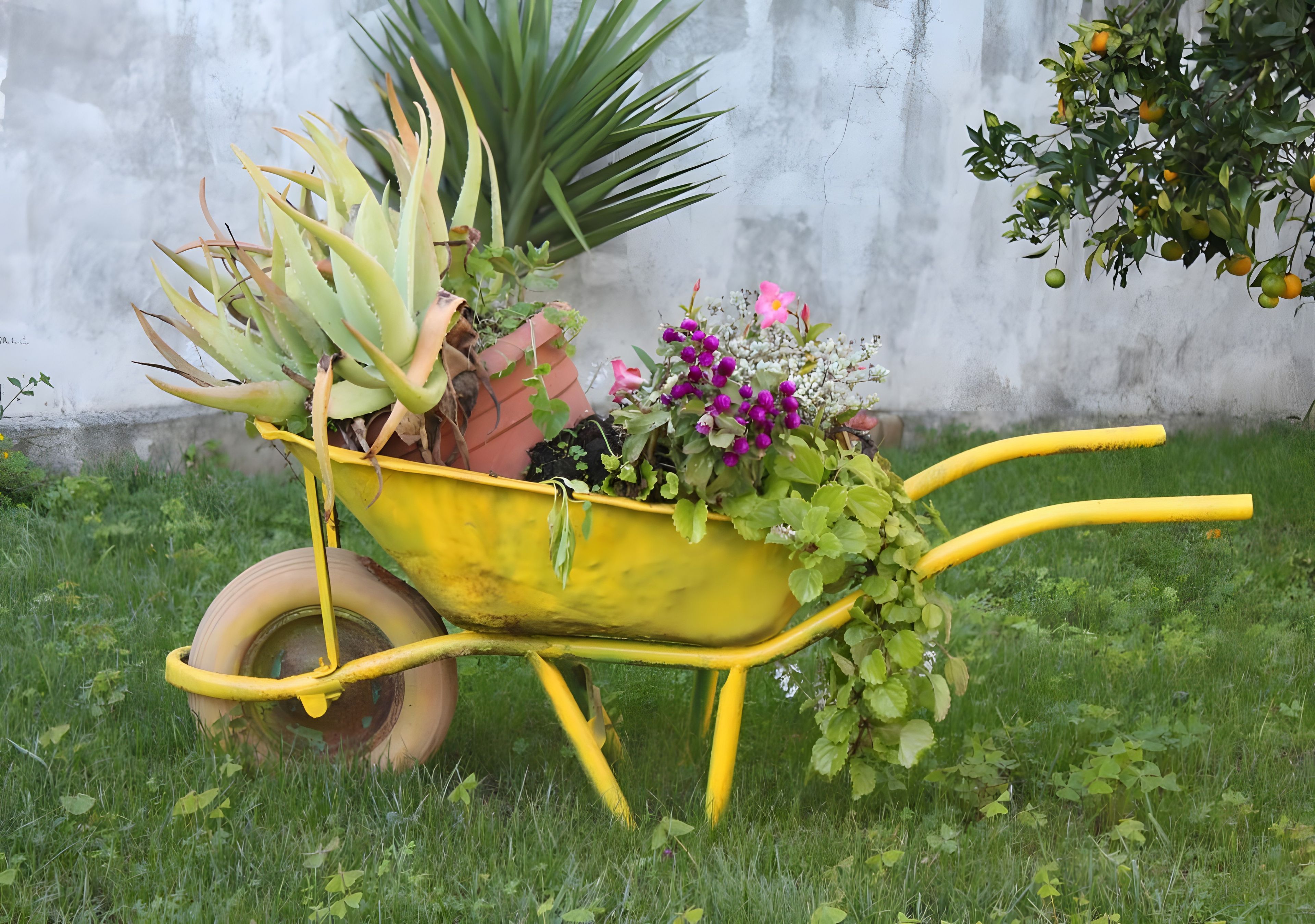 Eine Schubkarre, gefüllt mit verschiedenen Pflanzen und Blumen, steht auf dem Rasen.