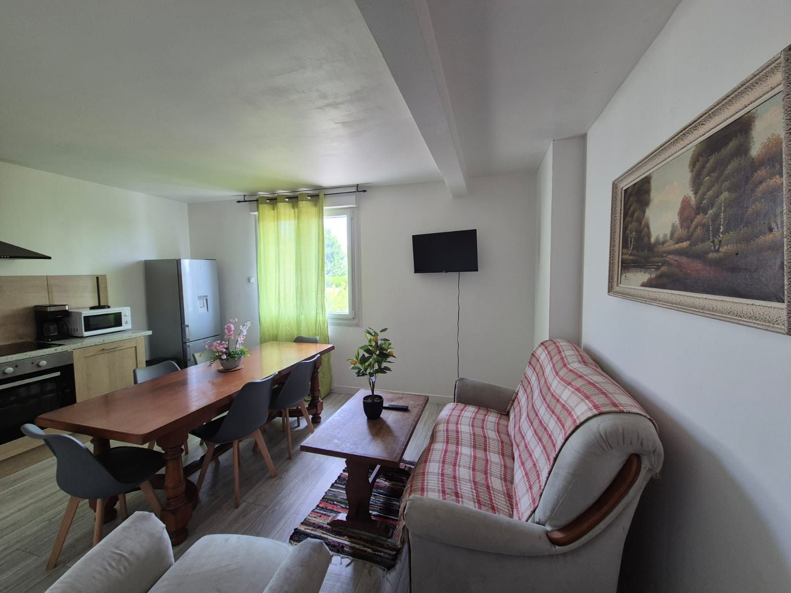 Ein gemütlicher Wohnbereich mit Küchenzeile, Essplatz, Sofa und Fernseher.