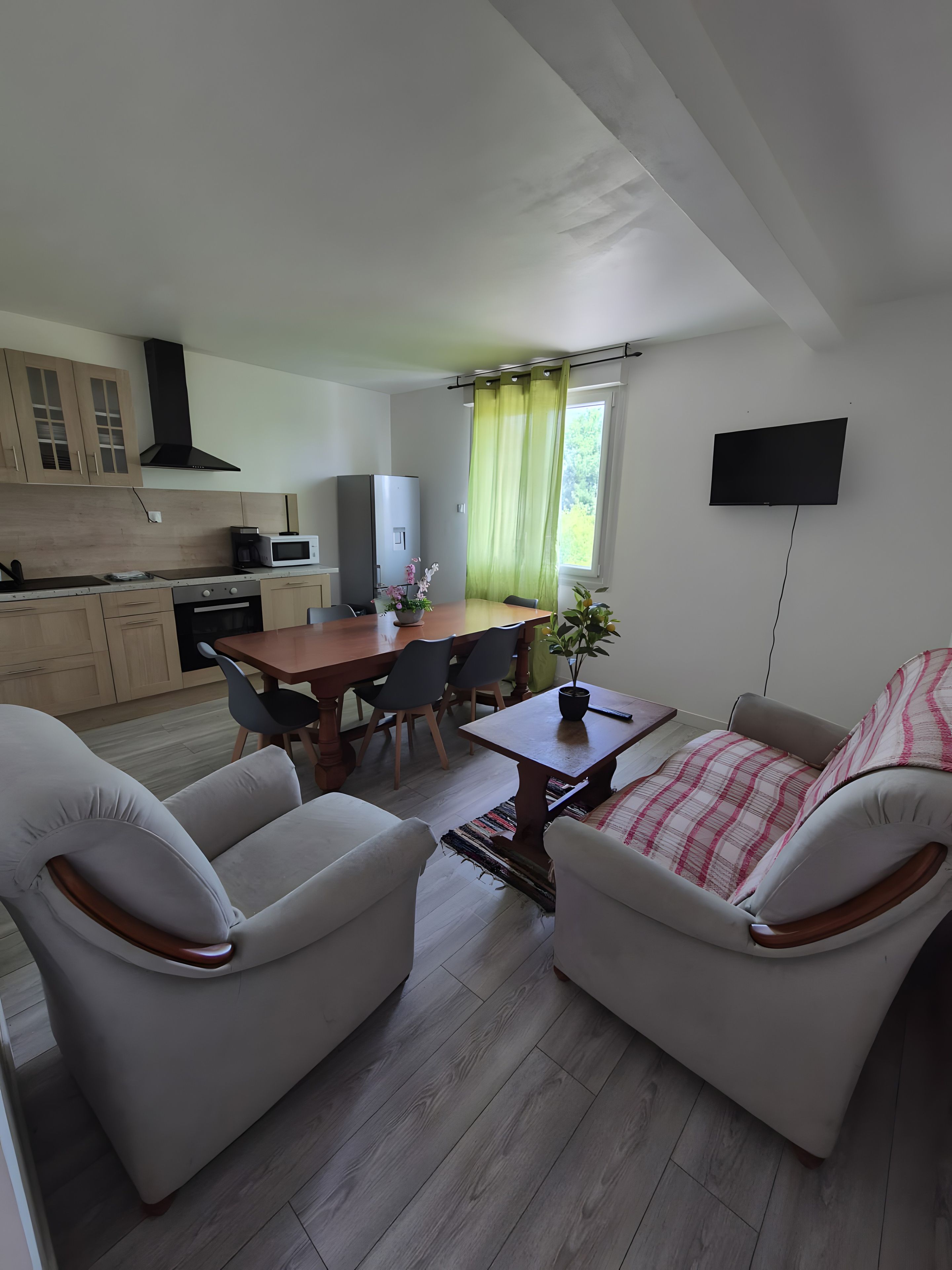 Een moderne woonruimte met een eethoek, keuken en zithoek.