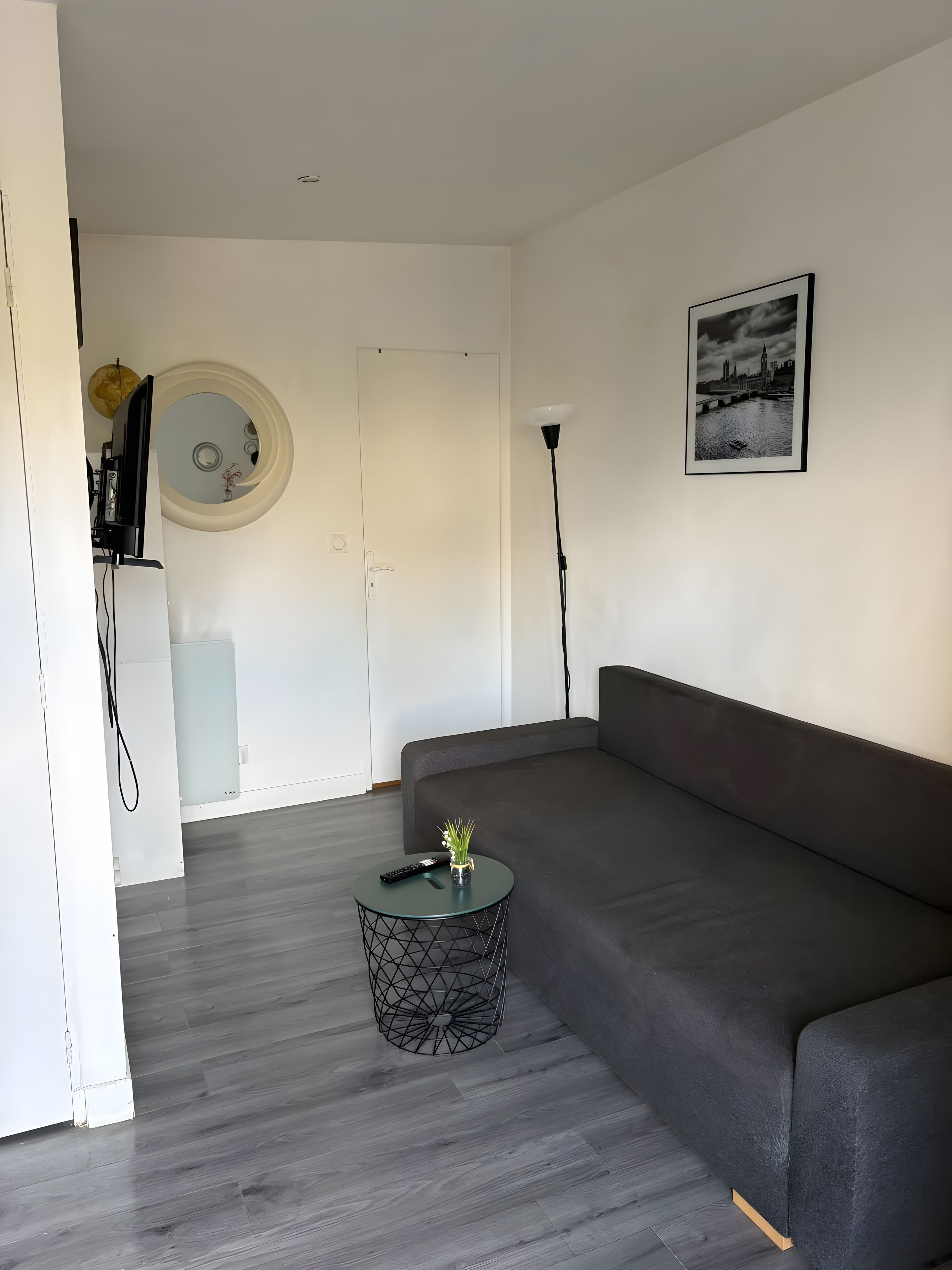 Un salon moderne avec un canapé gris, une table basse ronde ornée d’une plante, une lampe et un tableau encadré accroché au mur.