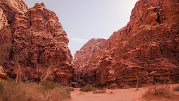 Een canyon met rode rotsformaties en schaarse begroeiing.