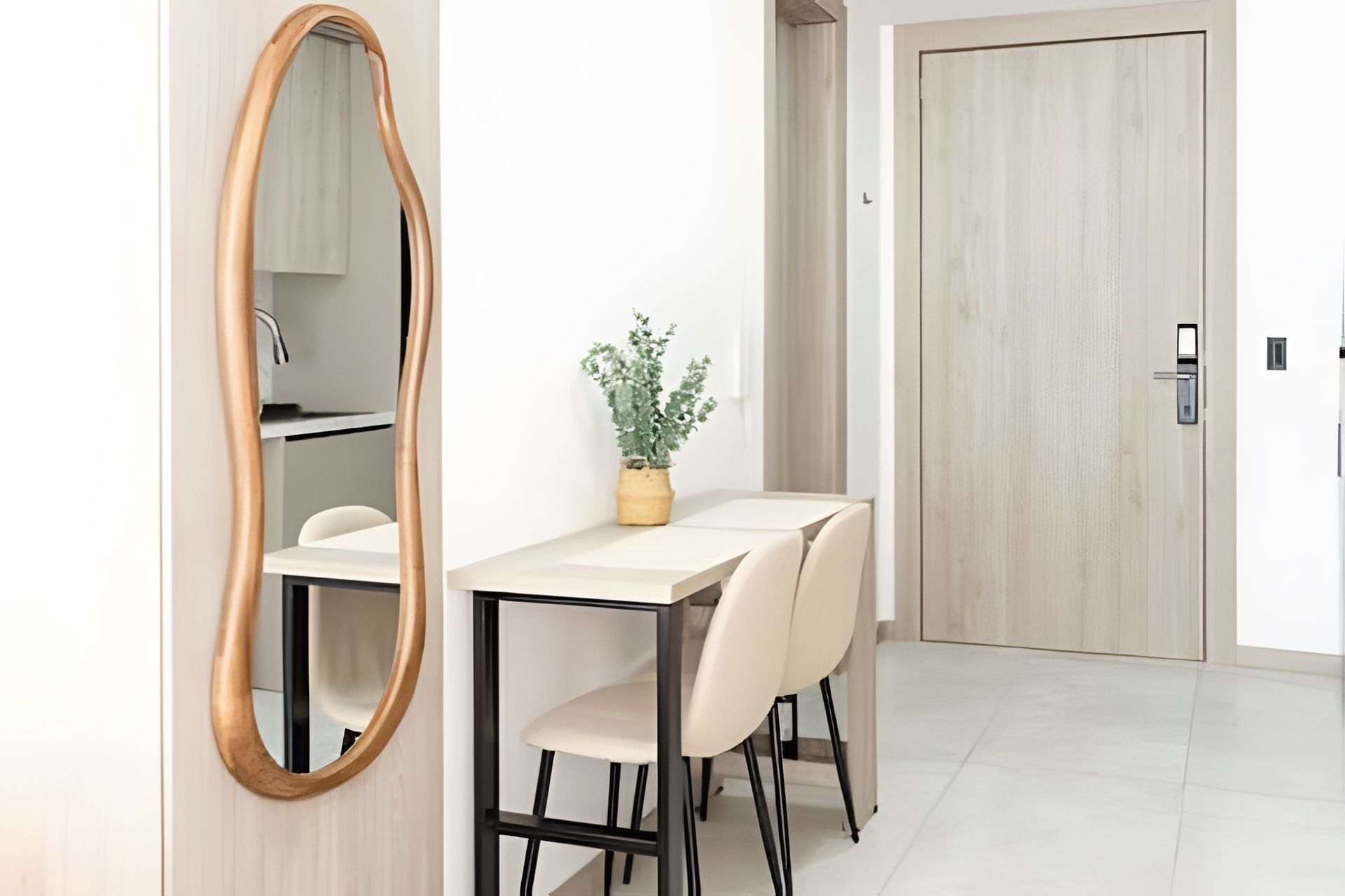 A dining area with a table, chairs, a mirror, and a potted plant.