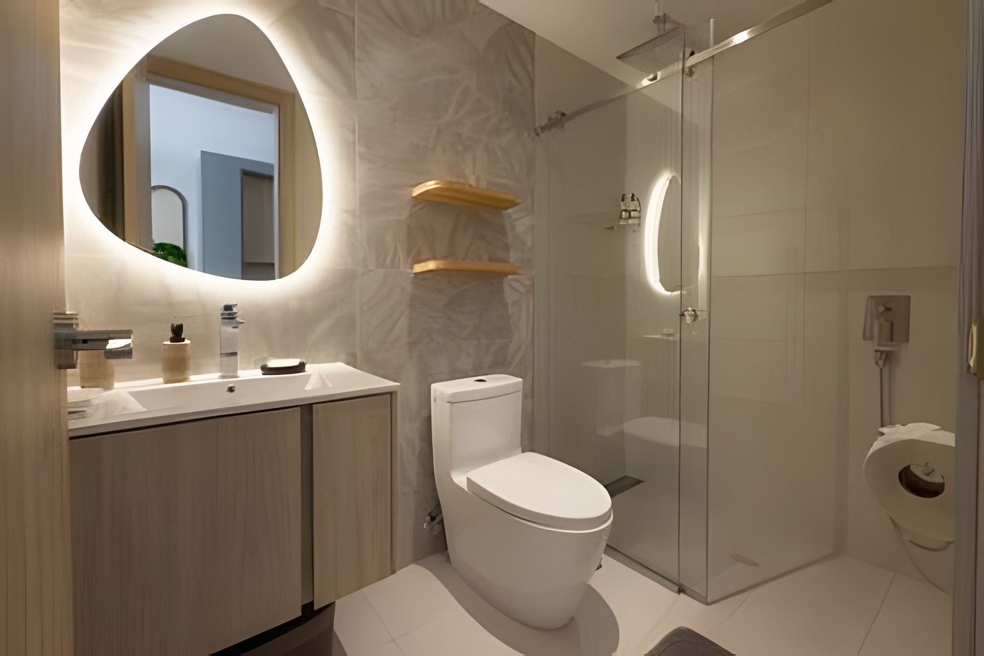 Un baño moderno con inodoro, lavabo y ducha.