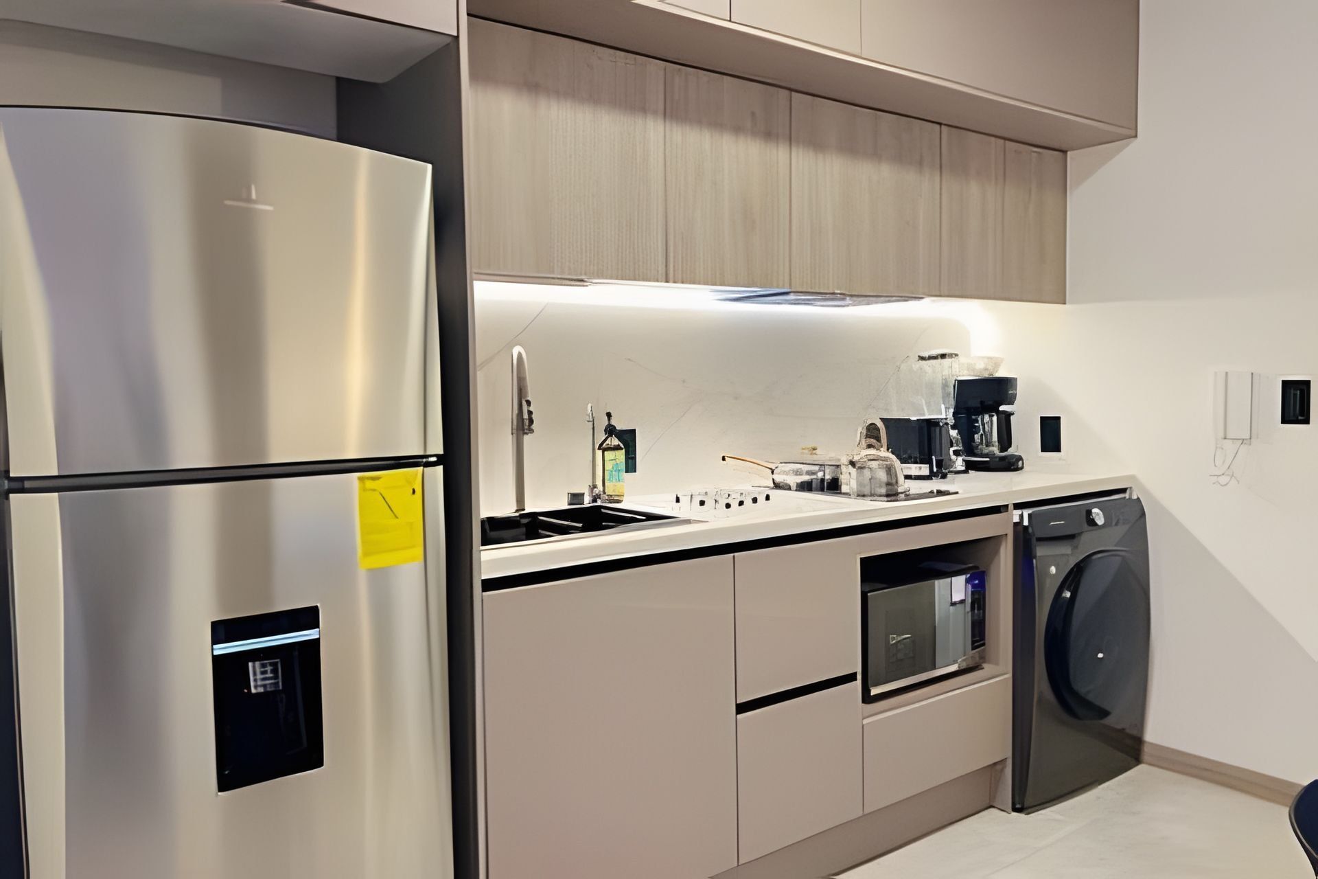 Una cocina moderna con refrigerador de acero inoxidable, horno empotrado, lavavajillas y cafetera.