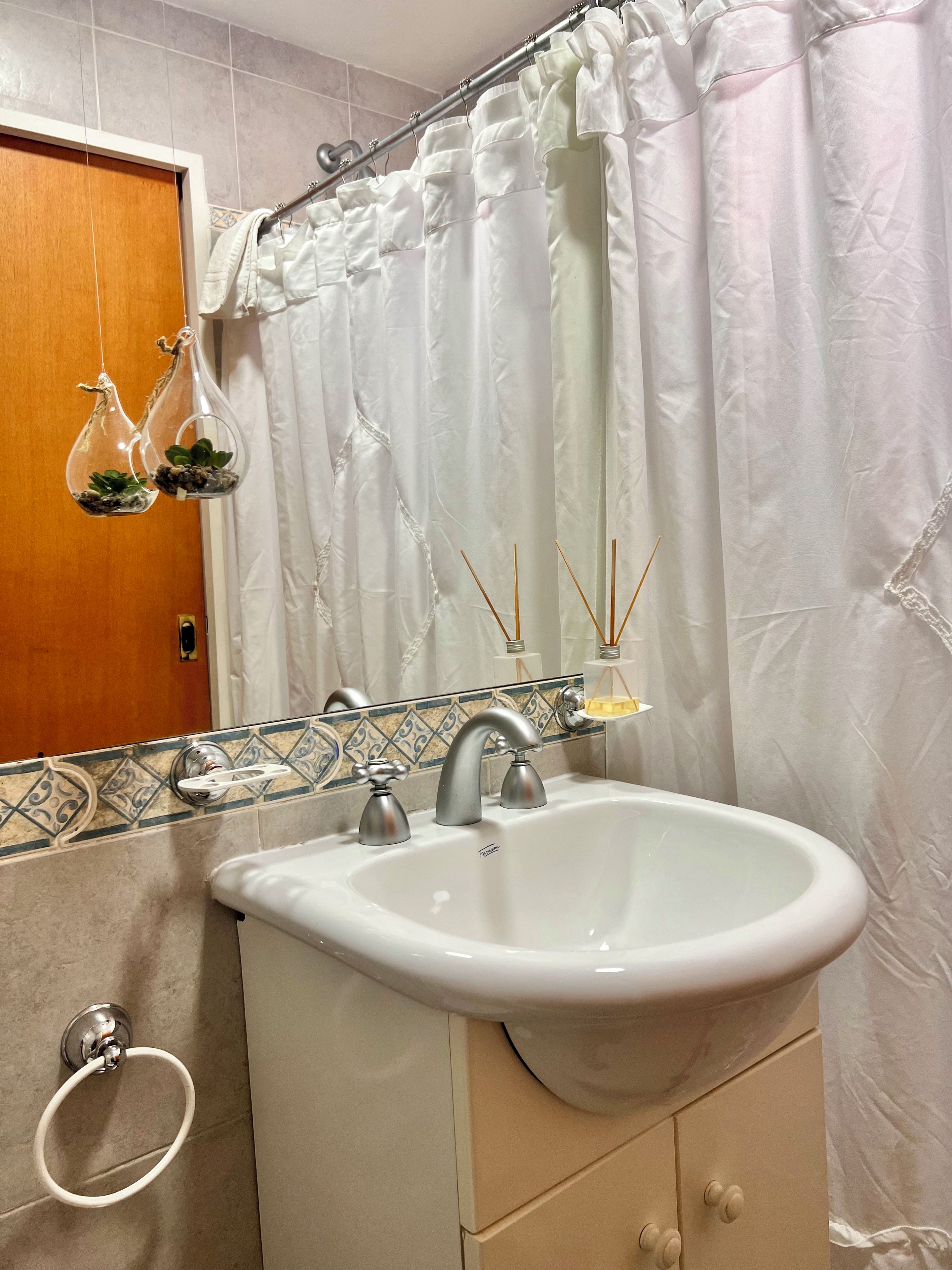 Casa de banho com lavatório branco, espelho, cortina de chuveiro e toalheiro com uma planta.