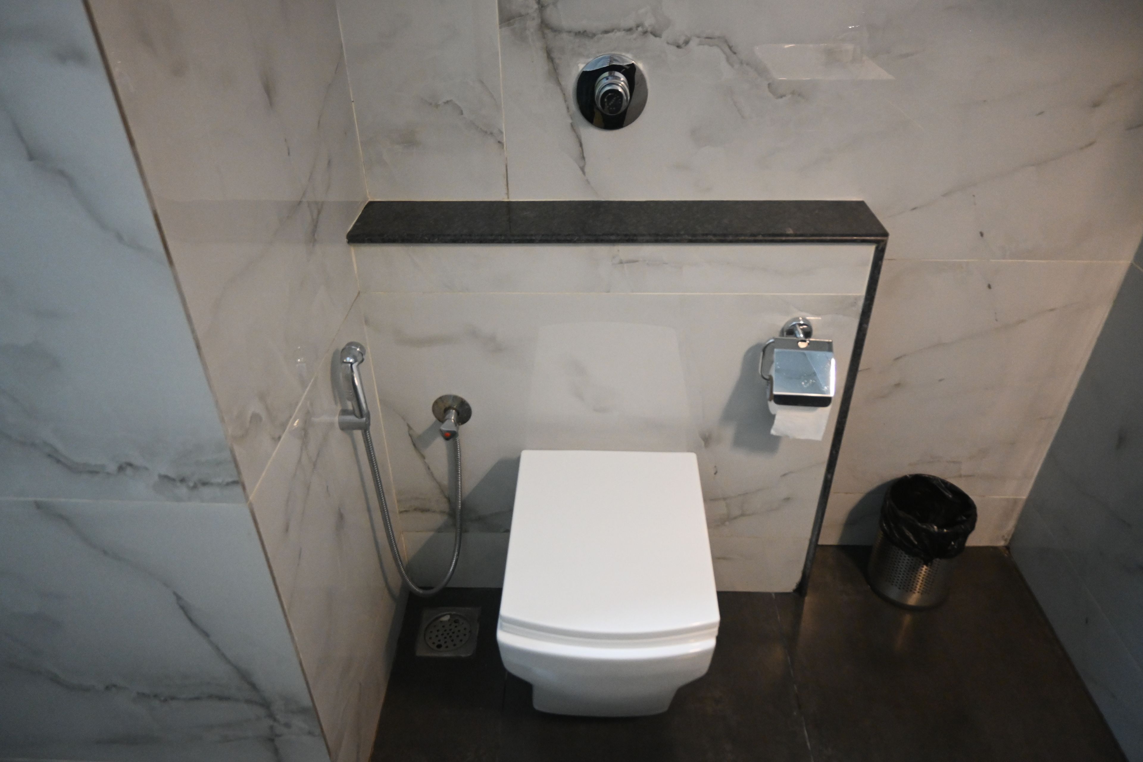 A compact bathroom with a white toilet, a handheld showerhead, and a bidet.