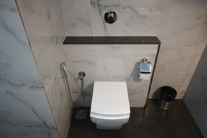 Un baño pequeño con inodoro blanco, cabezal de ducha de mano y bidé.