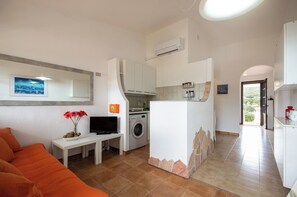 Ein kompakter Wohnraum mit Sofa, Fernseher, Waschmaschine und Küchenzeile mit Spüle und Schränken.