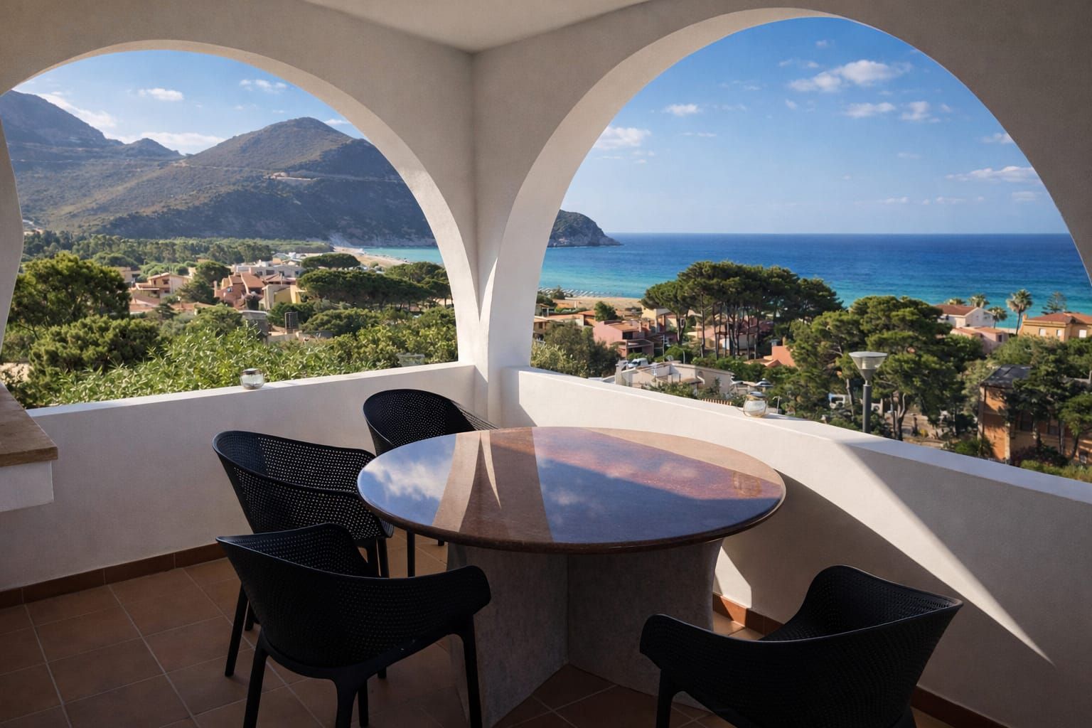 A terrace with a round table and four chairs, overlooking a coastal landscape with mountains and a beach.