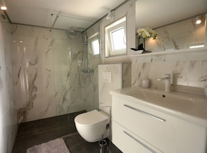 Ein modernes Badezimmer mit einer gläsernen Duschkabine, einer Toilette und einem Waschtisch mit Spiegel.