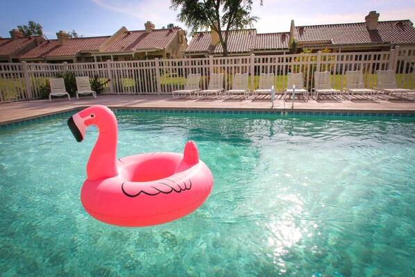 A swimming pool with a pink flamingo float. - ***Fully remodeled from top to bottom ***It's time to get Away!!! (Palm Desert)